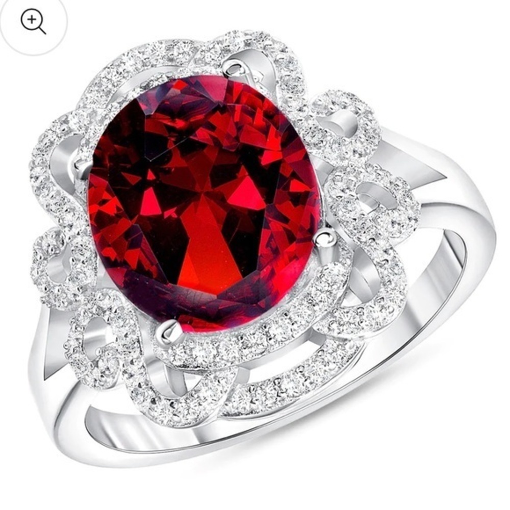 3ct Oval Red Ruby Rhodium over Silver CZ Ring